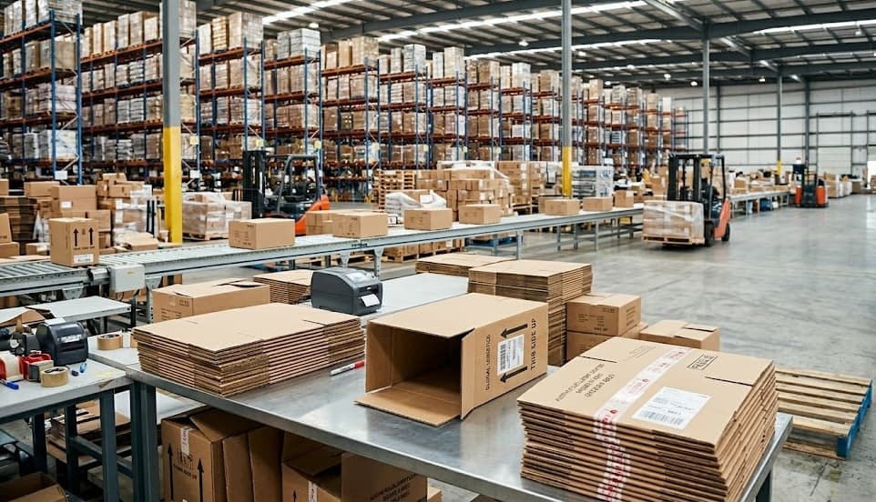 A wide view of the Denver Eco Boxes warehouse showing rows of pallet racking, multiple forklifts and inbound packing tables stacked with folded corrugated boxes.