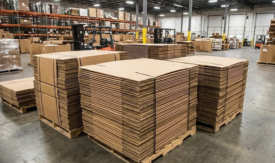 Tall pallets of reclaimed corrugated boxes folded flat and staged inside our Denver warehouse.