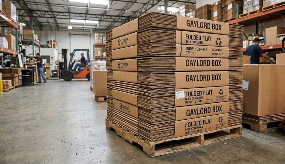 A pallet of folded-flat reclaimed gaylord boxes branded for bulk container use, ready for outbound shipment from our Denver yard.