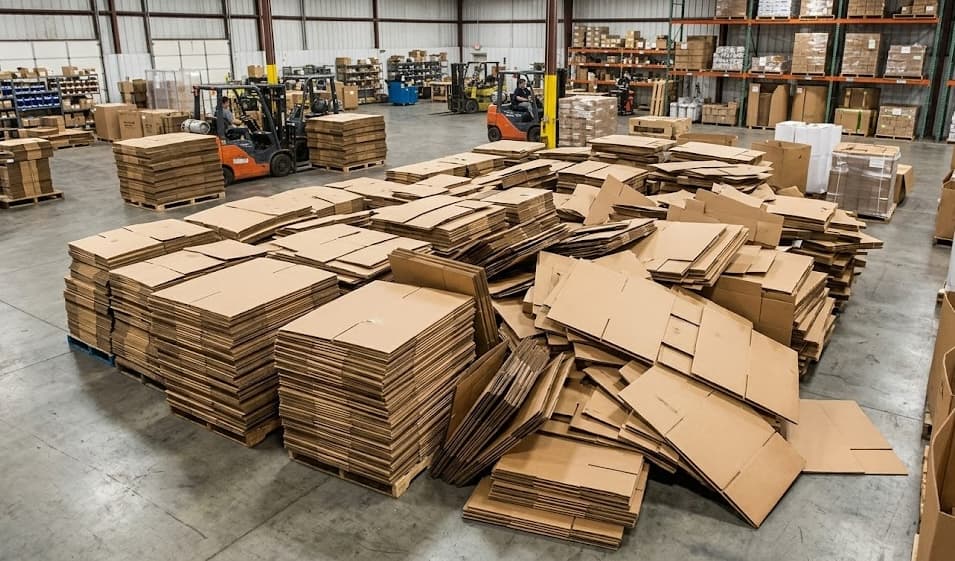 Stacks and a sprawling pile of folded corrugated boxes on the warehouse floor, awaiting sort and bale at the Denver Eco Boxes yard.