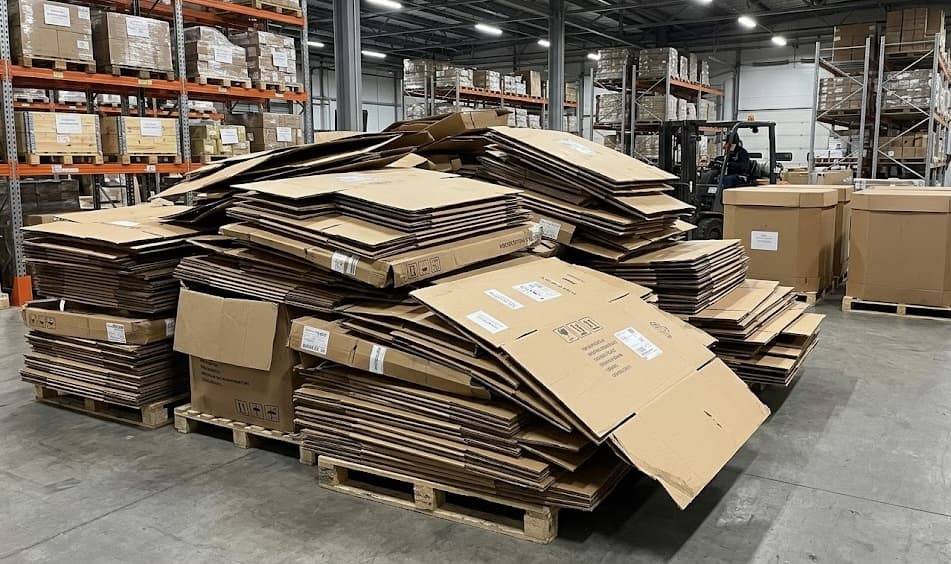 A large pile of empty corrugated boxes and pallets on a Denver warehouse floor, ready to be picked up by Denver Eco Boxes for resale and reuse.
